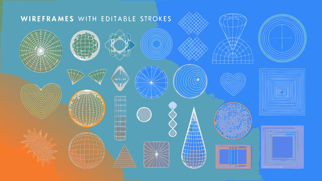 Collection Of Geometric Wireframe Shapes With Editable Strokes On A Gradient Background abstract geometry architectural design