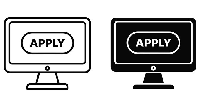 Computer monitor icon set showing apply button on screen for online job application recruitment hiring registration digital form web interface