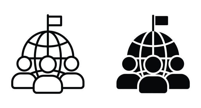 Global community icon set featuring people group in front of world globe with flag representing international teamwork and leadership goals