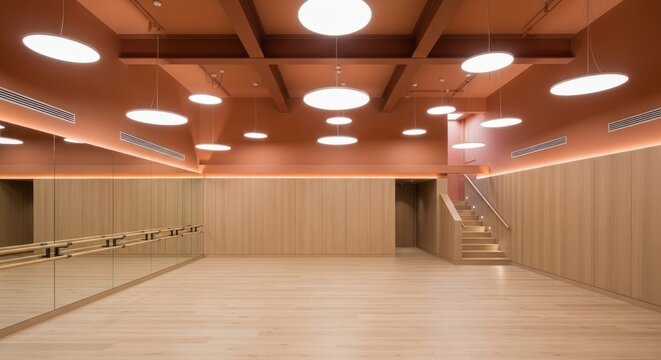 Modern empty dance studio with terracotta walls and wooden floor.