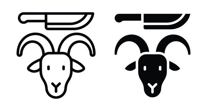 Goat head with knife icon set representing animal sacrifice ritual for religious holidays like Eid Adha and traditional butchery methods