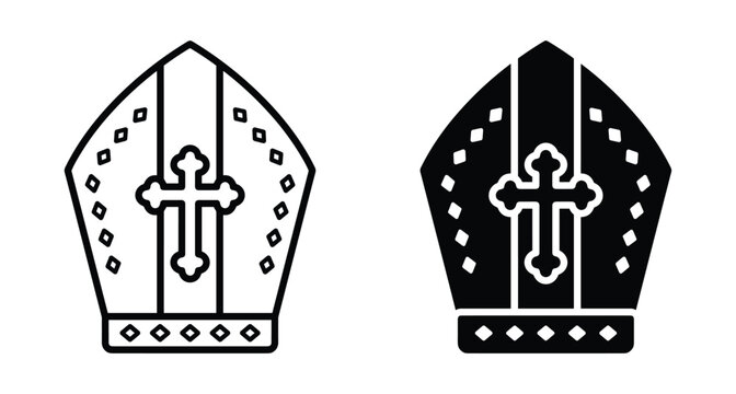 Bishop mitre hat icon set with christian cross and decorative patterns for religious ceremonies catholic church pope and clergy headwear