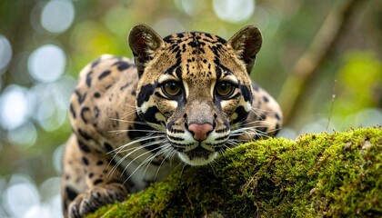 Fototapeta premium Majestic Clouded Leopard Crouching on a Mossy Tree Branch in the Rainforest