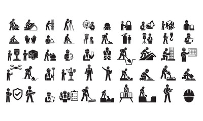 Obraz premium Construction Jobsite Worker Black Glyph Icon SetProfessional black glyph icon set featuring jobsite workers for construction, engineering, infrastructure, and industrial building projects.