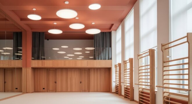 Modern indoor sports hall with timber walls and circular lamps.