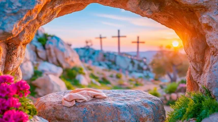 Epic biblical scene viewed from inside the empty tomb toward Golgotha with three crosses in the distance and a folded burial cloth resting on the stone, symbolizing hope and resurrection. © QuietWord