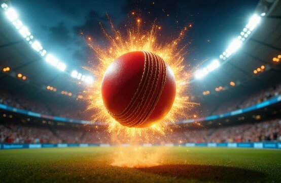 Cricket ball glows with golden energy during intense game at stadium. Spectators watch match under bright floodlights. Dynamic action on green pitch.