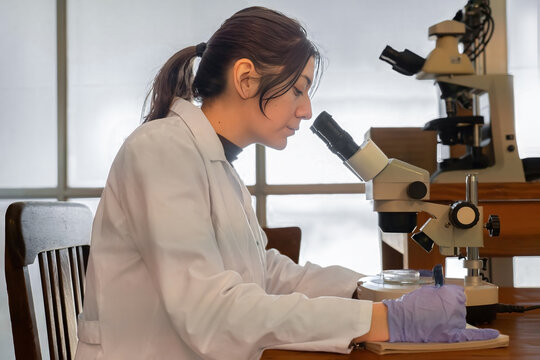 Female scientist looking through stereo microscope side view