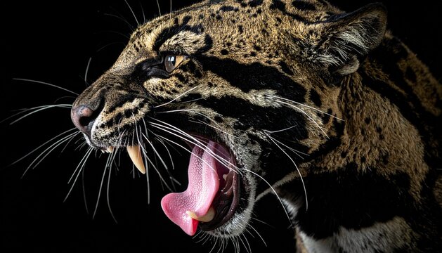 Clouded Leopard Profile Roaring and Showing Fangs on Black Background