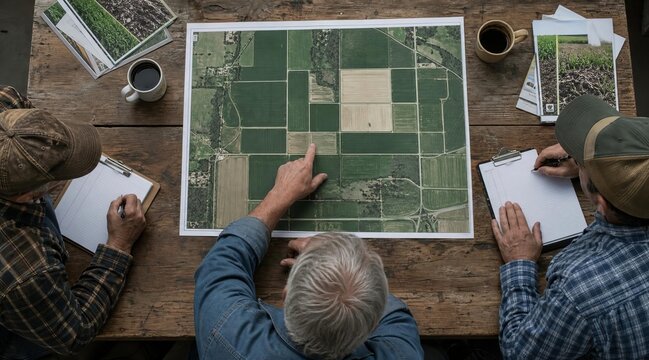 Farmers reviewing field map on wooden table