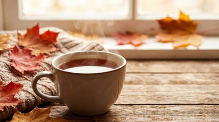 Fototapeta premium cozy autumn vibes, a steaming cup of tea surrounded by vibrant autumn leaves exudes warmth
