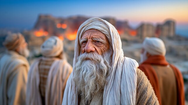 Ancient Jewish sages standing on a hill overlooking the smoldering stone ruins of the destroyed Second Temple in Jerusalem, conveying remembrance, history, resilience, and a solemn biblical atmosphere