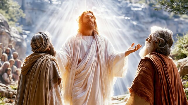 Jesus Christ teaching people in a peaceful garden as radiant rays of light shine from above, creating a serene biblical scene of faith, wisdom, hope, and spiritual inspiration.
