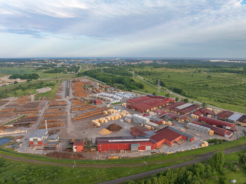Aerial view of Kurekss sawmill and timber processing plant near Ventspils, Latvia