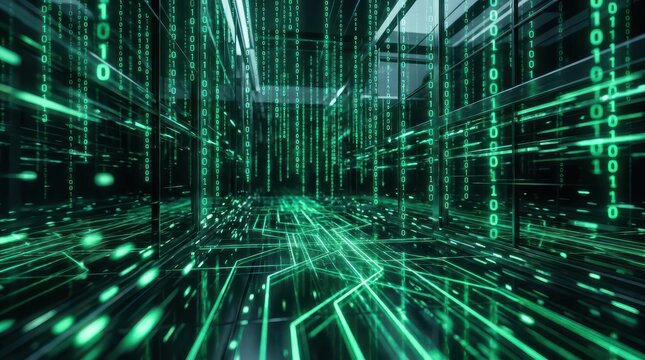 Neon green digital binary code cascading in futuristic cyberpunk tunnel