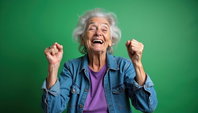 Joyful toothless senior woman with gray hair pumps fists in air. Excited elderly lady celebrates success with open mouth laughter. She wears denim jacket over purple top on green background.