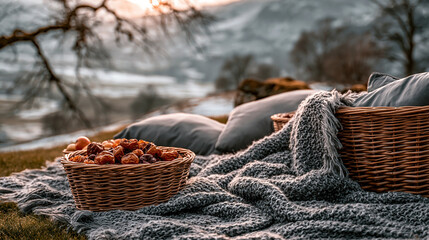 Obraz premium Cozy knit blanket with dried fruits on wicker baskets outdoors