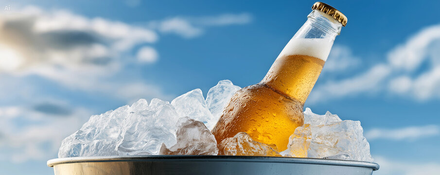 Cold summer beer bottle in ice bucket