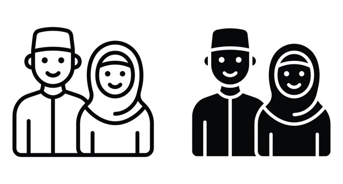 Muslim couple icon set featuring man in songkok and woman in hijab headscarf representing Islamic family culture and religious identity