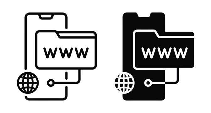 Mobile web browser icon set featuring smartphone with internet folder and globe symbol for digital connectivity online storage and website access