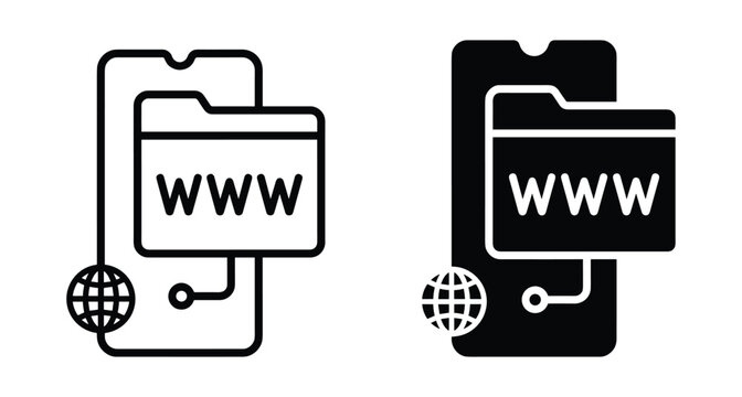 Smartphone mobile web browser icon set with folder and globe symbols representing internet connection website hosting digital data storage and online services