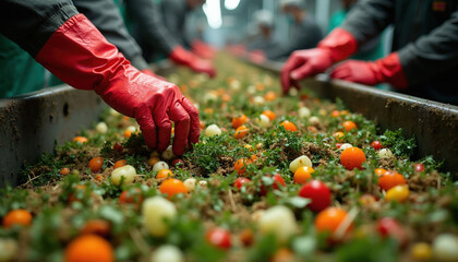 Fototapeta premium Workers in red gloves sort organic food waste in a plant for composting. Small tomatoes and greens mixed in soil. Sustainable recycling process at facility.