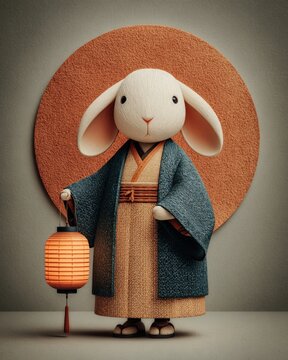 Mid-Autumn Festival bunny holding traditional lantern, flat vector design
