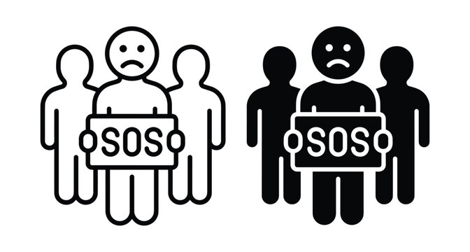 Sad person holding SOS sign with group of people icon set representing emergency help request and social support needs