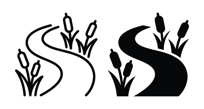 Winding river stream with cattails reeds icon set in outline and solid silhouette style for nature landscape map design elements