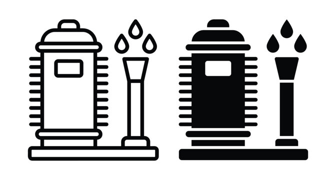 Industrial oil refinery plant icon set with gas storage tank and flare stack chimney for energy production and chemical processing