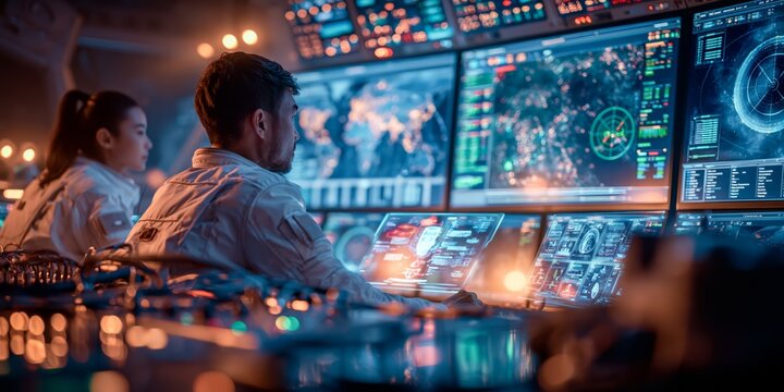 Futuristic military intelligence command center with commanders and technologists analyzing mission data across multiple screens. Advanced operations room with high-tech strategic planning atmosphere.