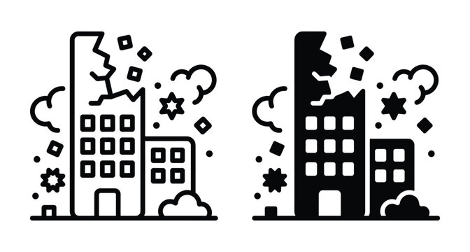 Destroyed building icon set showing collapsing skyscraper with debris and smoke clouds representing earthquake damage war zone or urban demolition
