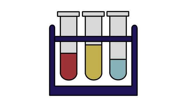Three test tubes with colorful red, yellow, and blue liquids in a laboratory rack. Simple flat vector icon illustration on transparent background for science and research.