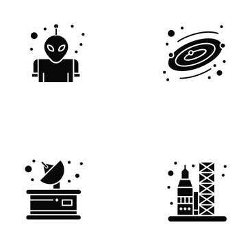 Space Exploration Glyph Icon Set with Alien Extraterrestrial Orbit Planet Satellite Dish and Rocket Launch Pad Astronomy Symbols Vector Illustration