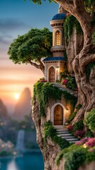 Fototapeta premium Dreamy fantasy tower perched on a dramatic cliff with a majestic waterfall cascading in the background. Enchanting fairytale landscape surrounded by breathtaking natural scenery.