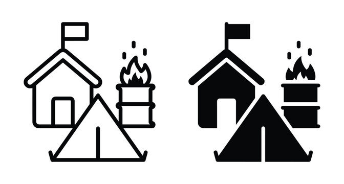 Refugee camp icon set featuring tent shelter house with flag and burning barrel for warmth in disaster relief zone