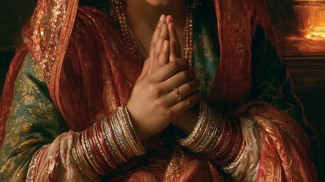 Woman's hands meet at her chest in a glowing, warm room. Bangles and a dupatta adorn her in this portrait, likely for a ceremony.