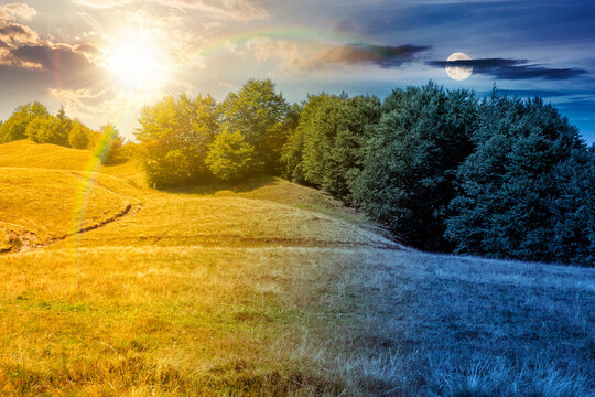 carpathian mountain landscape in summer. day meet night. primeval beech forest on the grassy hill. sun and moon over epic scenery of ukrainian highlands. pristine ecosystem of europe for wallpaper