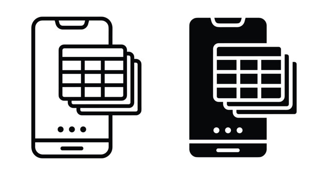 Smartphone icon with spreadsheet table grid for mobile business data management accounting software application interface design in outline and solid styles