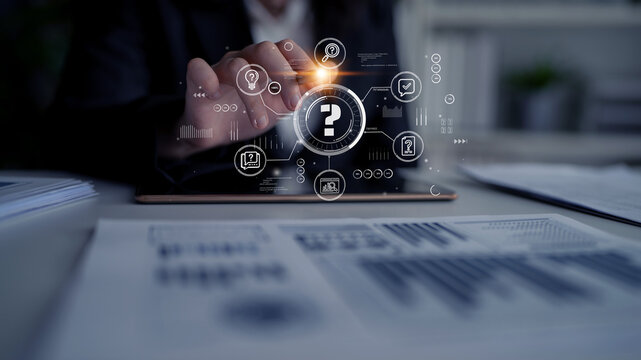 Business professional using tablet with digital icons and data graphics on desk, focusing on technology and innovation in a modern workspace. Entropy.