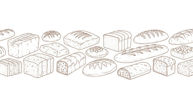 Seamless horizontal pattern featuring various types of hand drawn bread loaves in a simple outline style.