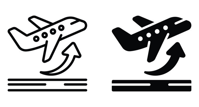 Airplane takeoff icon set showing plane departing from runway with arrow indicating ascent in outline and solid black glyph styles