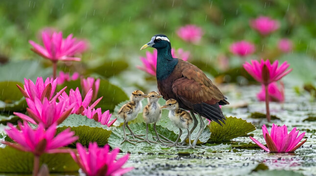 A massive, floating green water lily pad serves as a stable, buoyant stage for the resting Bronze-winged Jacana.