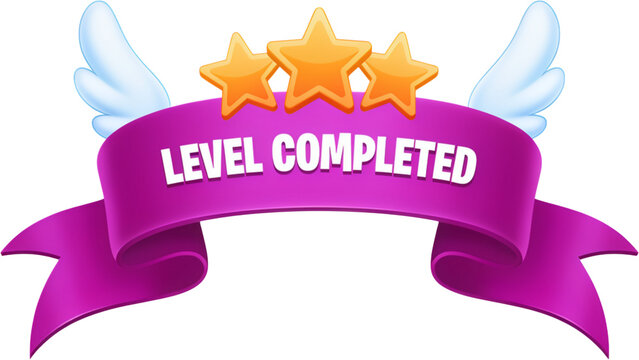 Level complete celebration banner with trophy and stars Vector