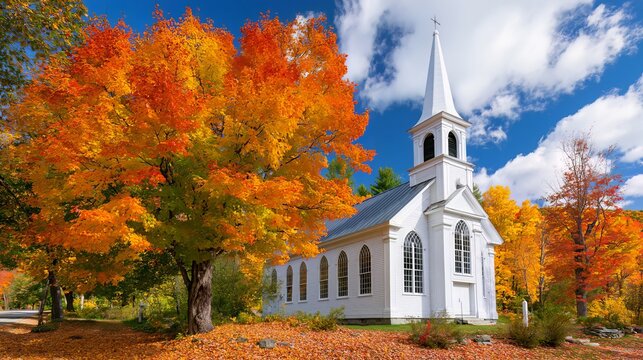 Church stands amid fall leaves in New England. Blue sky and white clouds above.