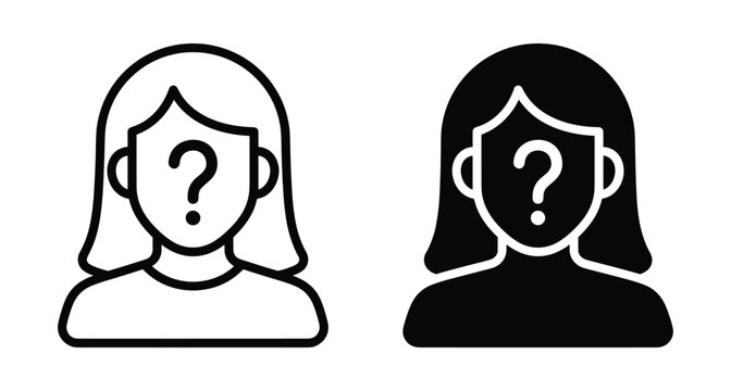 Female avatar user profile icon set with question mark symbol representing unknown person identity anonymous woman character silhouette outline
