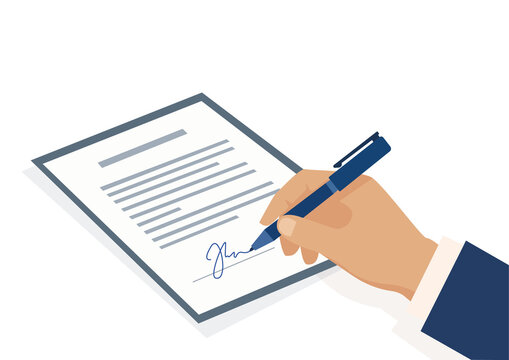 Business Hand Signing Contract Document With Pen, Agreement, Legal Paperwork, Signature Approval, Professional Authorization Illustration Isolated on Transparent Background.