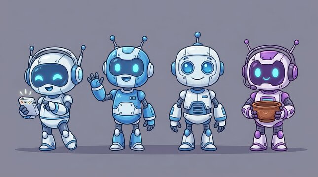 Four cute cartoon robots with different expressions and accessories on a grey background android artificial intelligence