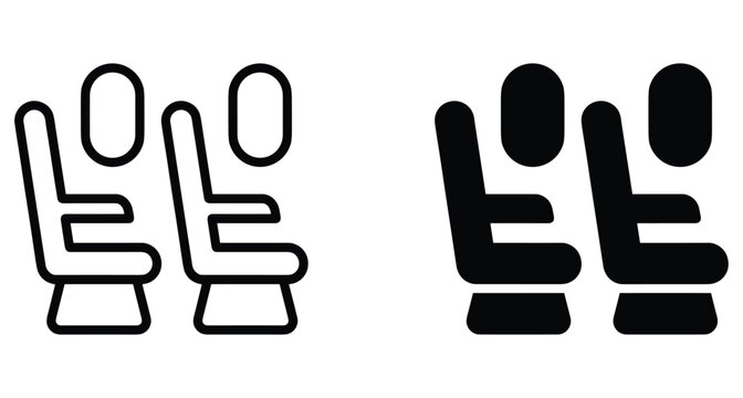 Airplane seat icons showing passenger seating rows with windows in outline and solid black styles for travel and aviation design