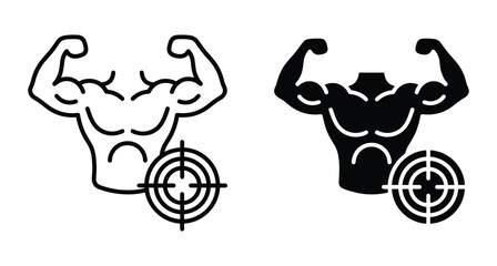 Obraz premium Muscular male torso bodybuilder icons with target symbol representing fitness goals strength training muscle building focus and bodybuilding achievement objectives